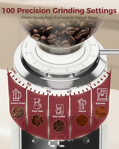 Image of Tuni G3 Commercial Grade 64mm Flat Burr Coffee Grinder, 100 Grind Settings Electric Espresso Grinder with Single Dose, Touchscreen Display & Anti-Static Tech, All-Metal Stainless Steel Body, Ivory