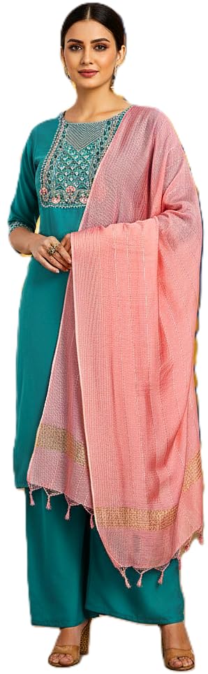 Image of Women Rayon Embroidered Kurta with Pant and Dupatta Set
