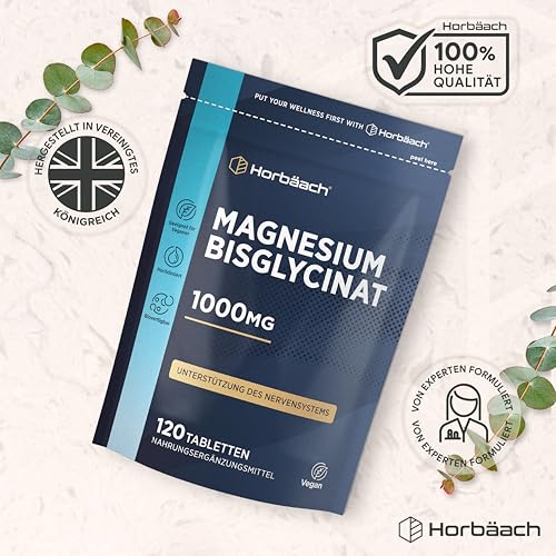 Magnesium Bisglycinat Hochdosiert 1000mg | Glycinat liefert 200 mg aus elementares Magnesium | 120 vegane Tabletten | von Horbaach