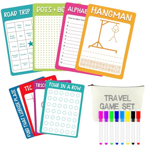 17 Pcs Portable Travel Game Set for Kids 8 Reusable Dry Erase Game Card with 8 Colorful Erasable Pen and Bag Educational Toy for Car Road Trip Airplane for Age 6-12, 9