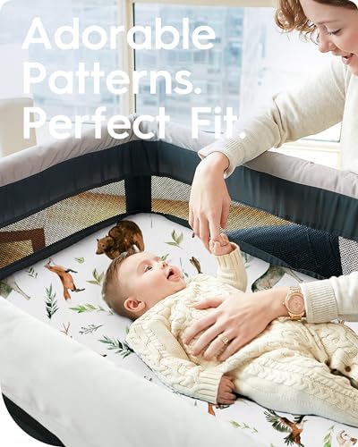 Image of Pack N Play Sheets Fitted, TotBasic Ultra Soft Woodland Mini Crib Sheets, Premium Jersey Knit Pack and Play Sheets, Stretchy Neutral Play Yard Sheets for Pack and Play Mattress, 2 Pack (Animal Safari)