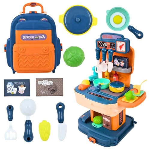 Cable World 2 in 1 Baby Kitchen Playset for Kids, School Bag Type Kitchen Set for Girls, Portable Pretend Food Party Role Cooking Kitchen Play Set Toy for Boys and Girls (Blue)
