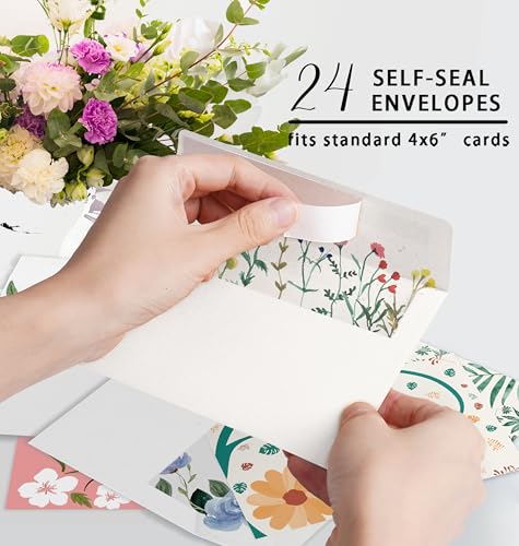 Image of 24 Pack Boxed Floral Blank Greeting Cards with Self-adhesive Envelopes For All Occasion, 24 Unique Floral Designs, No Repeats