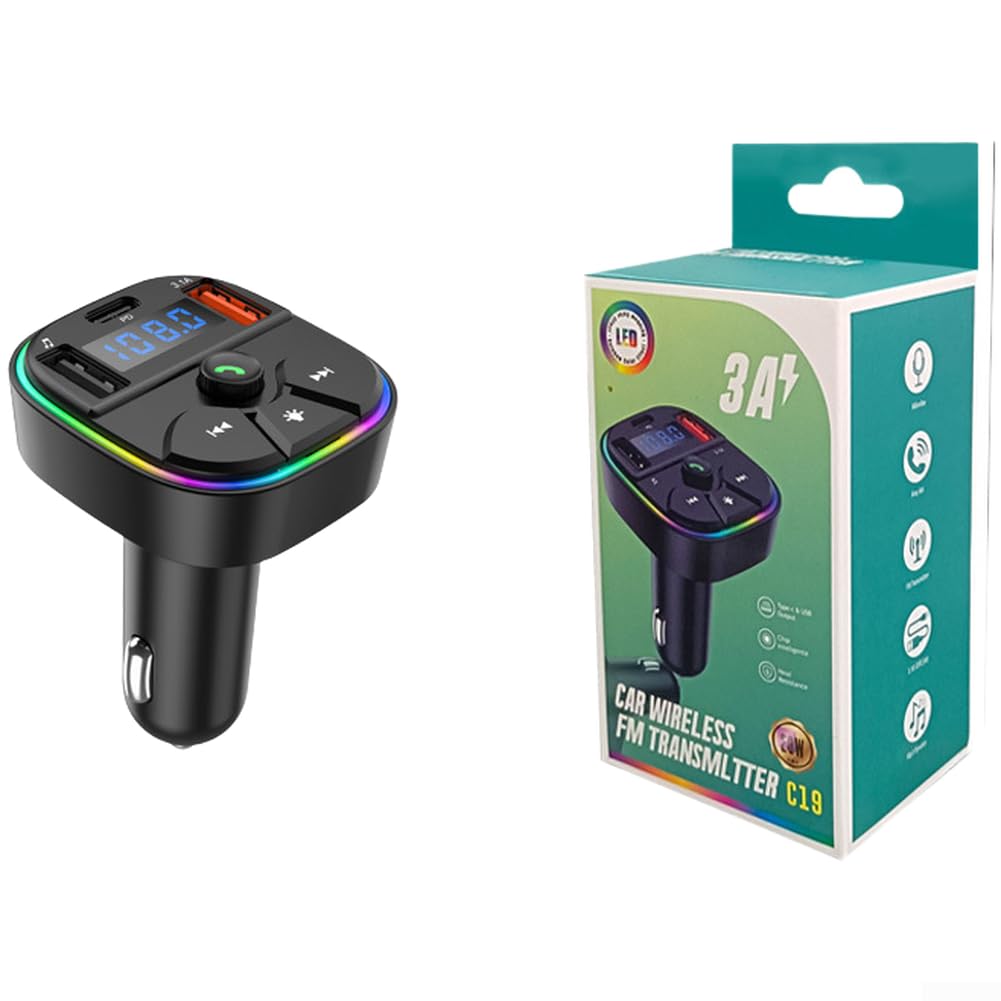Trasmettitore FM per auto wireless con due porte USB di ricarica USB A e USB C, riproduzione MP3/WMA da unità USB, supporto per chiamate in vivavoce, portata wireless 5 3, frequenza FM 87 5