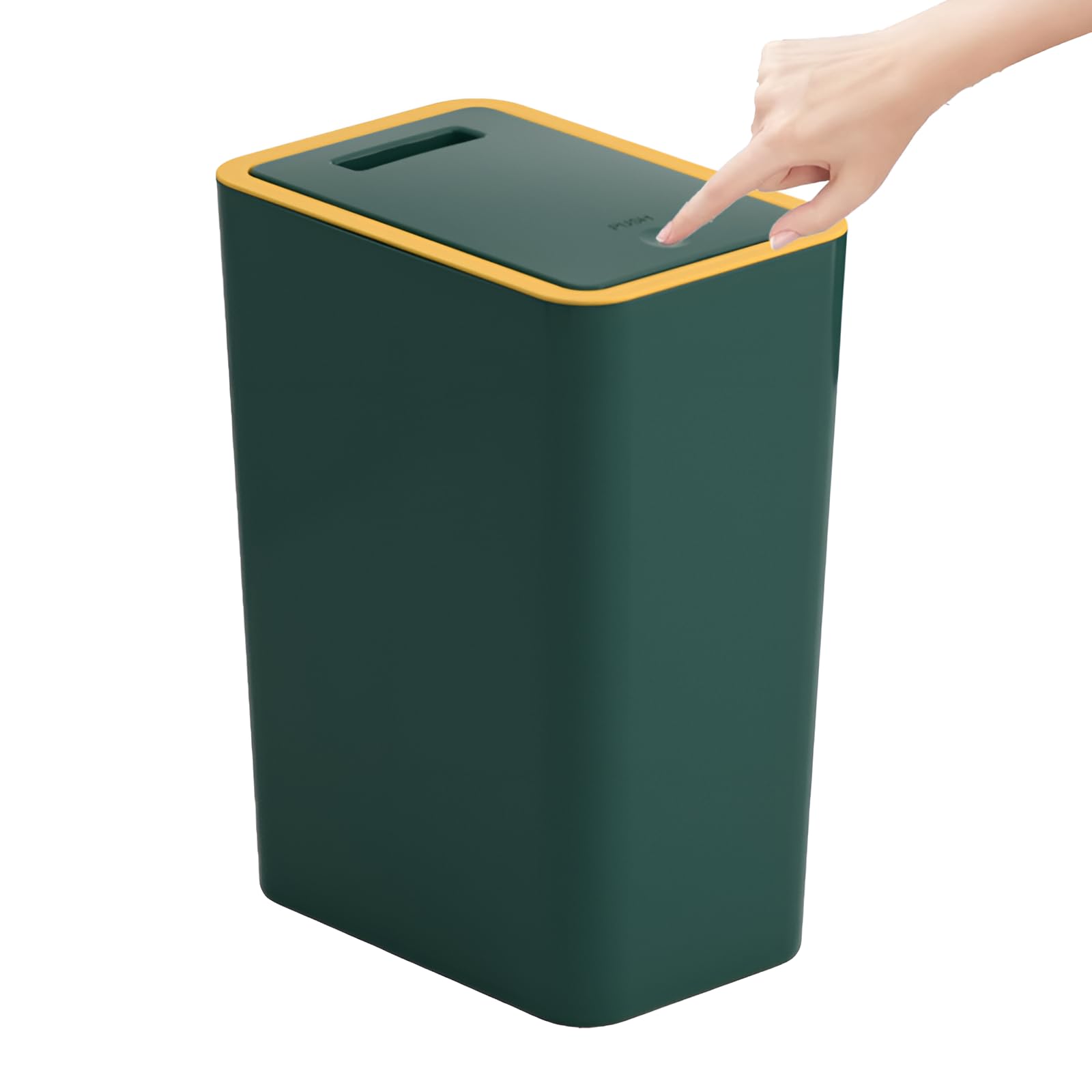 Bedroom Bin,Push Button Plastic Bin for Bedroom,10L Slim Bathroom Bin with Lid,Narrow Waste Bin for Bathroom Anti-Odour,Plastic Thin Trash Can for Office,Living Room,Kitchen,Toilet (Green)