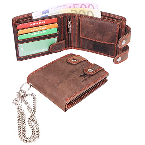 MORUCHA RFID Blocking Men's Biker Wallet Genuine Distressed Hunter Leather Purse with Detachable 45cm Metal Safety Chain M100 (Dark Brown)2