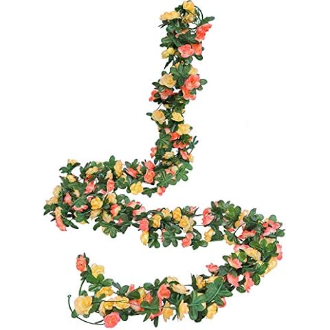 MISSPIN 5 Pcs Artificial Flower Garland Fake Rose Vine Hanging Rose Ivy Rattan Wedding Arch Garden Background Decor (45 Flowers Yellow & Pink, 5) Cover