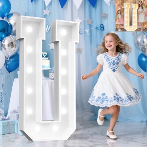 Image of Pooqla 4 FT Marquee Light Up Letters, Cool White and Warm White Marquee Letter 4 Feet Tall, Giant LED Sign Big Mosaic Letter U for Balloons Birthday Party Anniversary Wedding Decorations