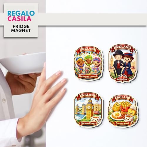 Image of Regalo Casila England Souvenir Fridge Magnet Set of 4 Pcs London Famous Places British Food Notting Hill Carnival UK Travel Souvenir Refrigerator Magnet Kitchen Decor Tourist Gift