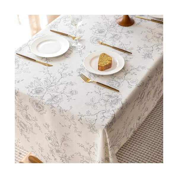   Floral-Linen-Table-Cloth-55-x-84-inch-Rustic-Vintage-Farmhouse-Tablecloth-Gray-Pattern-Printed-on-Cream-Linen-Tablecloth-Rectangle-Burlap-Textured-Fabric-Table-Cover-Home-Decor-Holiday