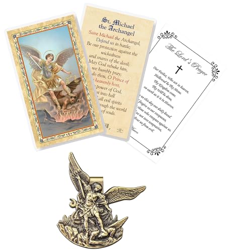 St Michael Visor Clip - Laminated St Michael The Archangel & Lord's Prayer Cards - Antique Brass Style Car Clip - Catholic Accessory Set (3 Items)