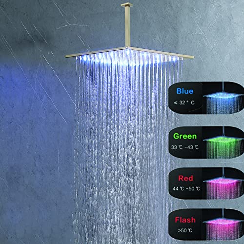 Backnets Brushed Gold Shower System 12 Inch Led Ceiling Rainfall Shower Head With Body Jets And Handheld Shower Full Body Thermostatic Rain Shower Fixtures System Can Run Together #TOP3