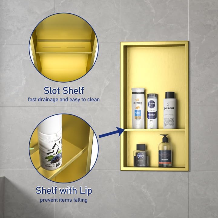 Stainless Steel Shower Niche 12 X 24 Gold with Double Shelves No Tile Needed Niche Shower for Bathroom Storage Recessed Shower Shelf Over Mount Installation