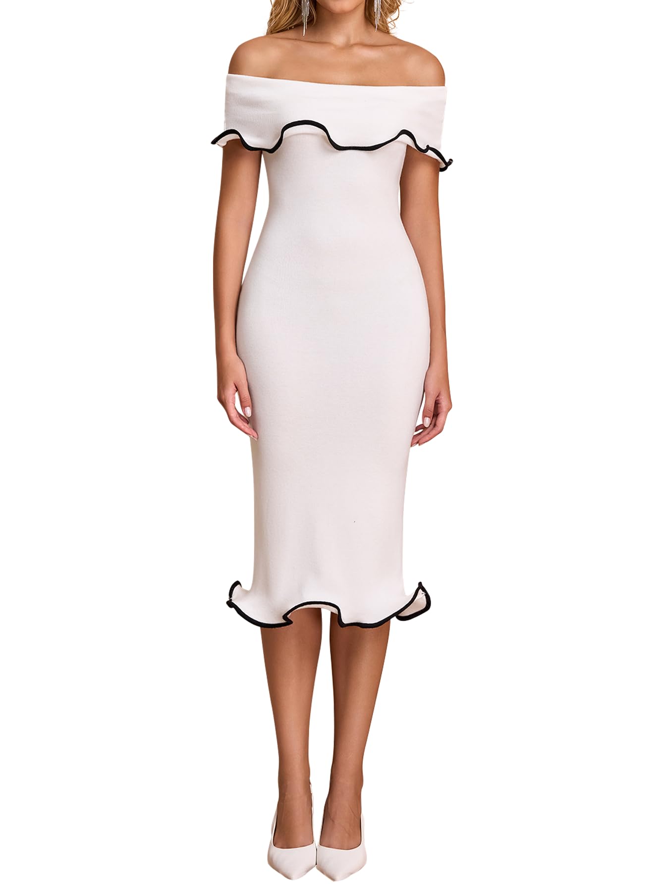 Photo 1 of URYIAO Fall Off The Shoulder Sweater Wedding Guest Dresses for Women Ruffle Bodycon Cocktail Party Midi Dress M White