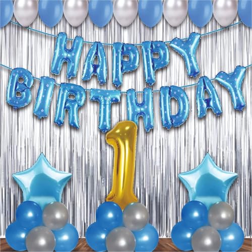 Image of Baby Boy 1st Happy Birthday Balloons Decoration Kit - 70 Pcs Blue and Silver Balloons with Star Foil Balloon Garland Set for Birthday Parties & Celebrations | Birthday Decoration for Boys