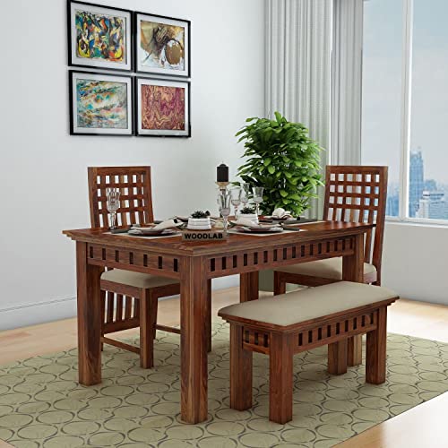 Image of WOODLAB Furniture Sheesham Wood 4 Seater Dining Table with Cushioned Bench and Chairs Wooden Dining Table for Living Room Hotel (Honey Finish)