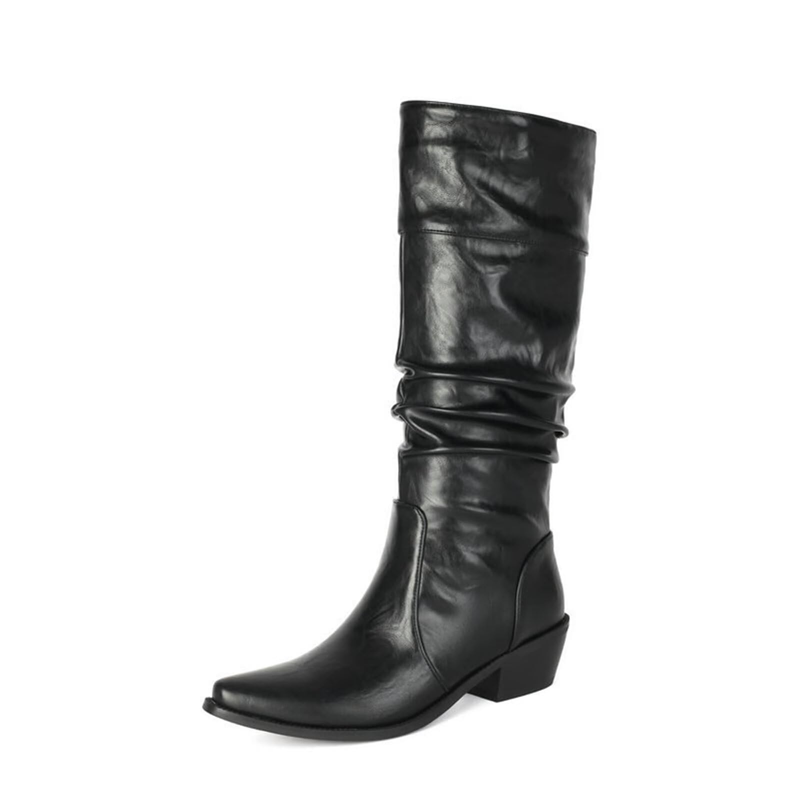 Stivali Arricciati Donna Tacco Largo 5cm Punta per Autunno e Inverno