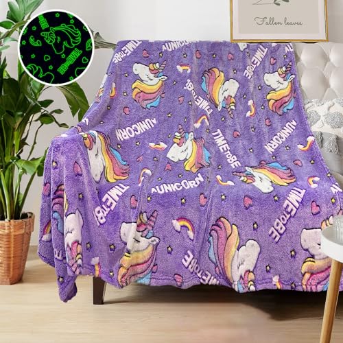 Unicorn Blanket for Girls, Glow in The Dark Personalized Baby/Toddler Blanket, Soft Fleece Unicorns Gift Age 1-12, 50in x 60in