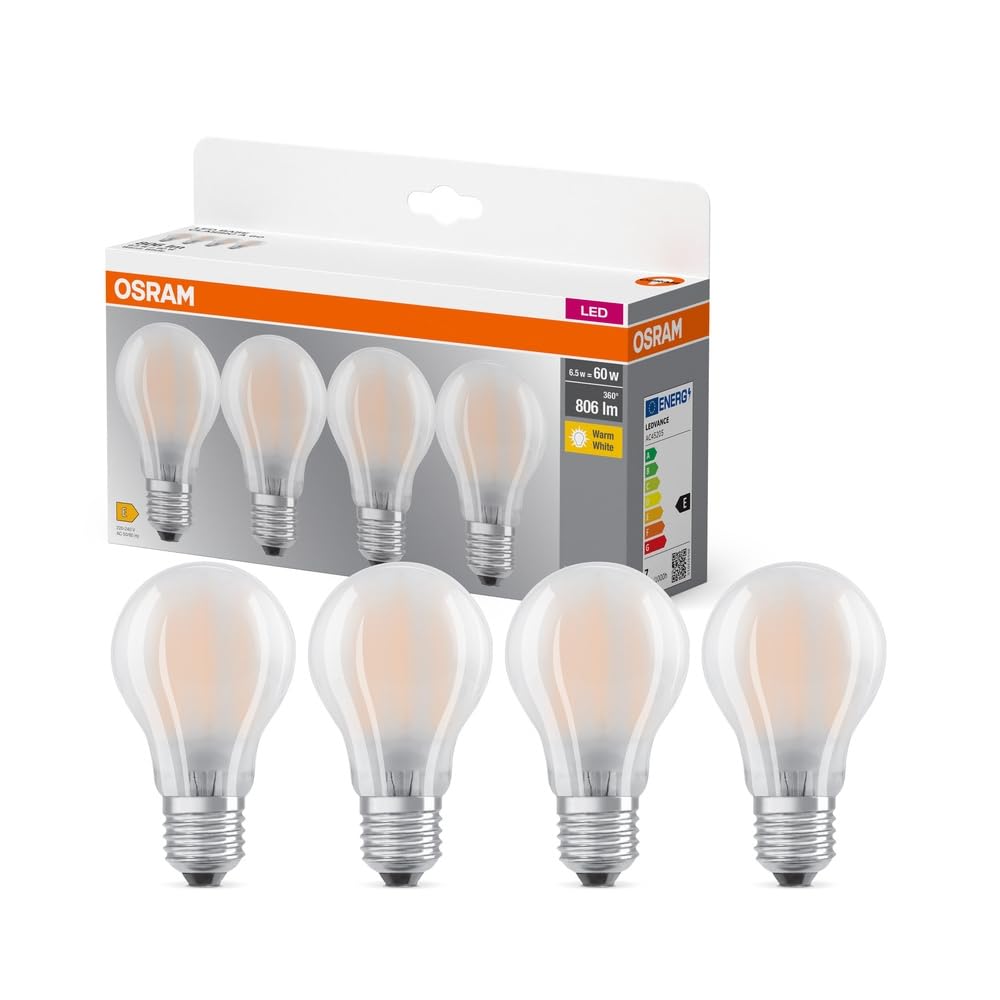 Osram LED Base A60, Value Pack of 4 Bulbs, Replaces Conventional 60 W Bulbs, 6.5 W, Warm White (2700 K), Matte Glass, Non-Dimmable, Bulb Shape, E27