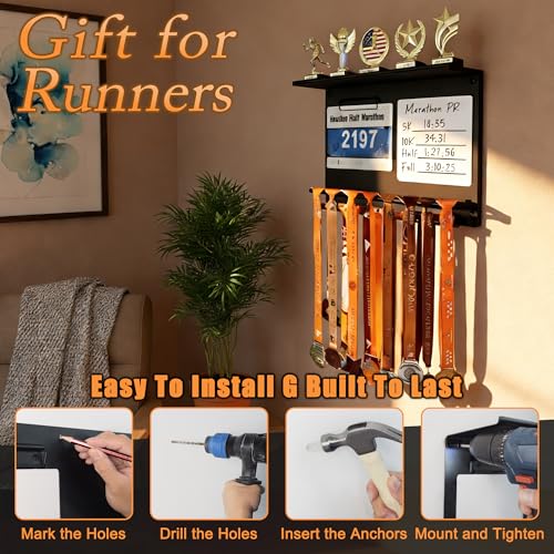 Image of Running Medal Hanger Display with Trophy Shelf, Race Bib Holder and Whiteboard, 2-Bar Medal Holder for 50+ Medals with Flag Magnets, Marker, Wall Mounted, Black