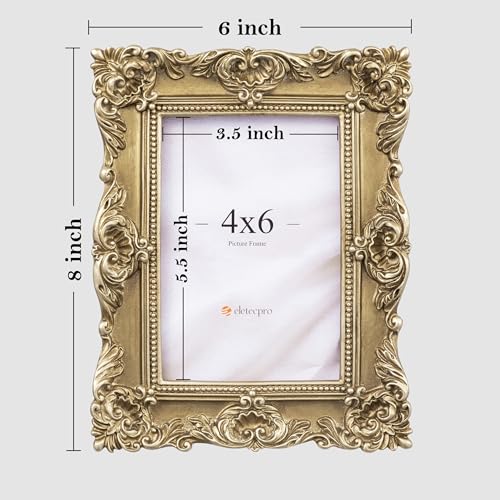 Image of eletecpro 4x6 Vintage Picture Frame with Real Glass Cover, Ornate Antique Photo Frame, Display 4x6 Picture for Tabletop or Wall Hanging Horizontal & Vertical, Gold Home Decor for Gallery Art
