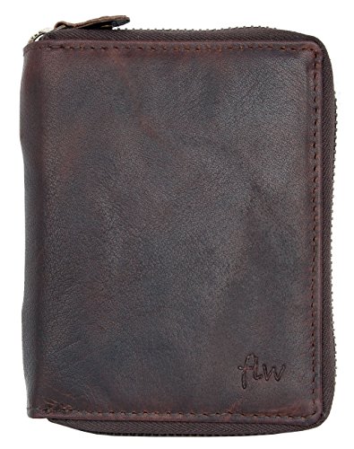 FLW Large Natural Dark Brown Zip-Around Durable Genuine Leather Wallet