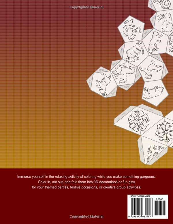 Chinese zodiac | color, cut, and fold: Lunar new year 12 animals and ornaments coloring and origami polyhedra folding workbook image 3