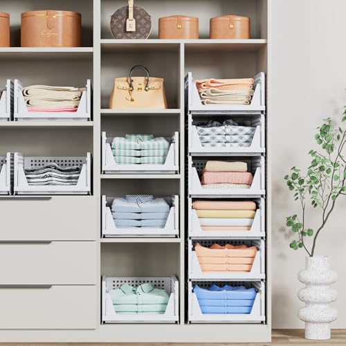 Image of JD FRESH 6 Pieces Foldable Wardrobe Organizer for Storage /Adjustable Cupboard Organiser for Clothes /Multipurpose Stackable Storage Rack /Polypropylene Sliding Drawer Basket /Shirt Stacker (White)