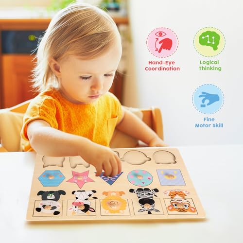 Image of Adena Montessori Jumbo Knob Animal Shape Puzzle, 1 Year Toddler | Safe wood, Large knob animal shapes. Builds color & shape recognition, fine motor & matching. Easy grip.