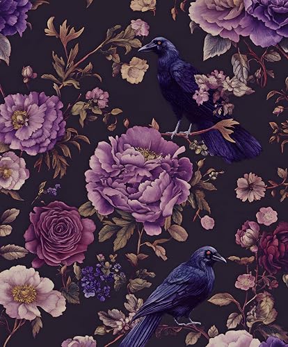 Laatse Gothic Dark Purple Crow Floral Wallpaper Peel and Stick 17.5x118