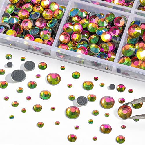 Image of 6736pcs Hotfix Rhinestones Flatback,Glass Rhinestones for Crafts Clothes Mixed 5 Sizes, Hotfix Crystals with Tweezers and Wax Pencil Kit, SS6-SS30,Rainbow
