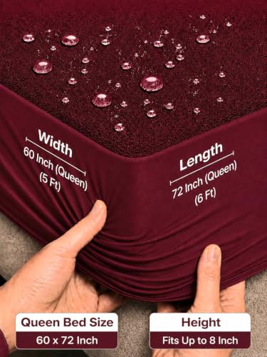 Image of Waterproof Mattress Protector 6x6.5 Feet (72x78) | Elastic Fitted Bedsheet | Soft & Durable Gadda Cover Dustproof By Bharat Griha BG16 (Wine, Queen 60x72 inch (5x6ft), Mattress Cover)