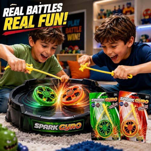 Image of Kidoyz Spark Gyro Battle Spinning Top Toy Set for Kids with Launcher, High Speed Spin Attack Arena Game, Fun Fighting Gyroscope Toys for Boys & Girls Age 3+ (Pack of 2)