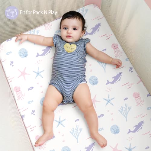 Image of Baby Mini Crib Sheets Girl, Portable 38 inchx26 inch Pack and Play Sheets Fitted for Playard and Pack N Play Mattress, 3-Pack Soft Microfiber Purple Mermaid