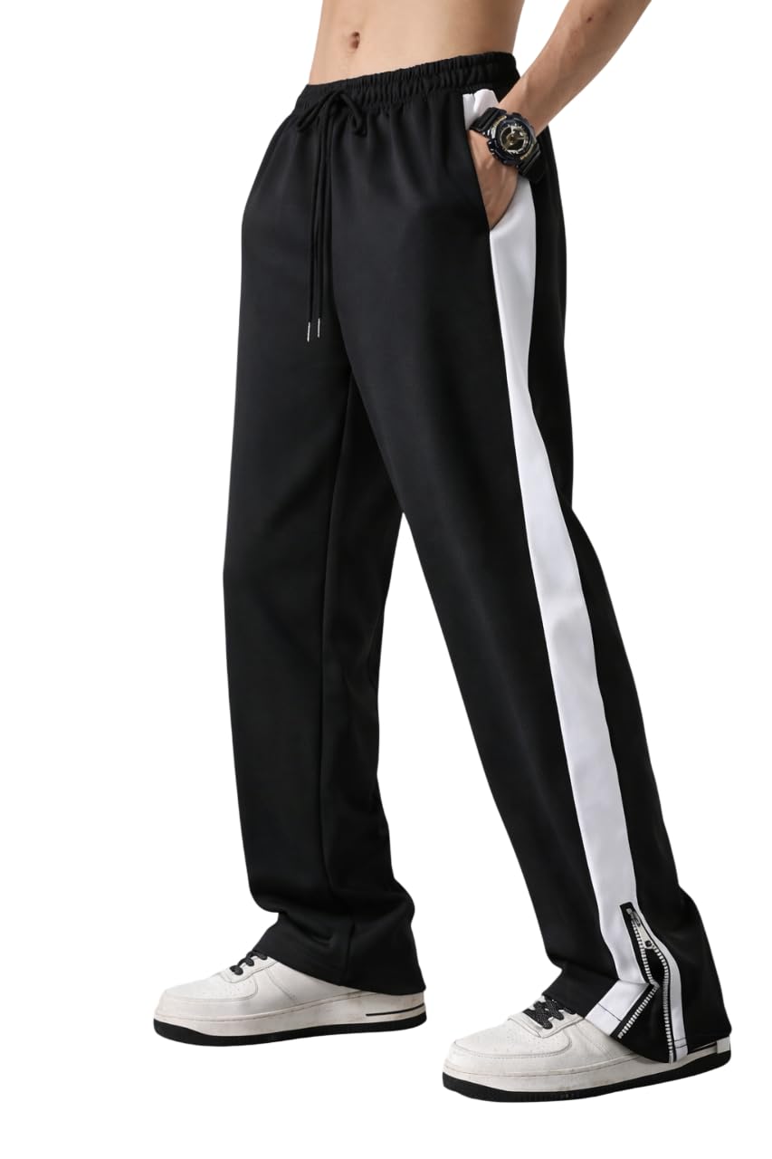 Men's Track Pants, Black and White, Side Stripe Design, Zipper Ankle Detail, Athletic Sportswear-image-49