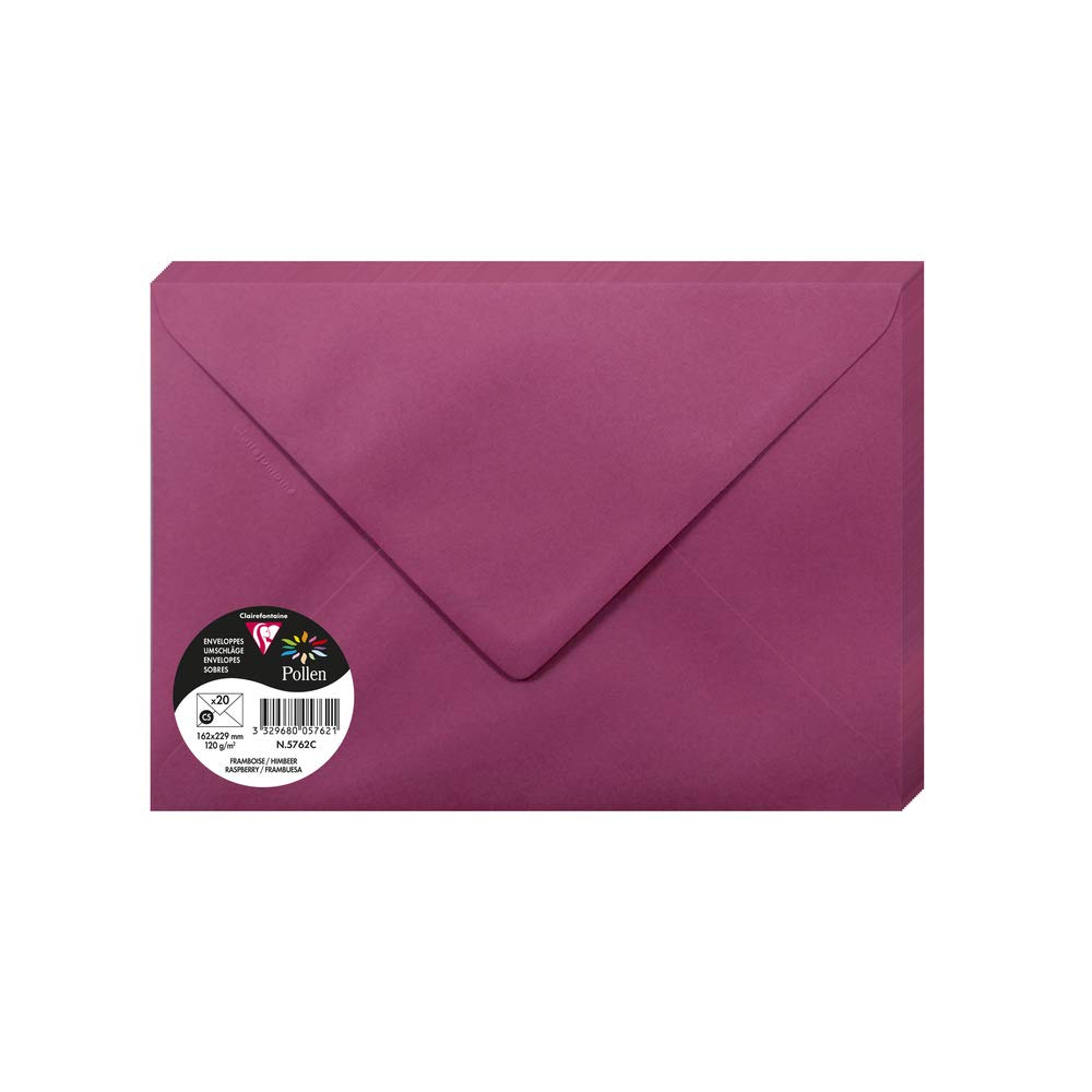 Clairefontaine 5762C Pack of 20 Gummed Envelopes Format C5 16,2x22,9cm 120gsm colour Raspberry Invitation Events Correspondence Pollen Range Premium Paper