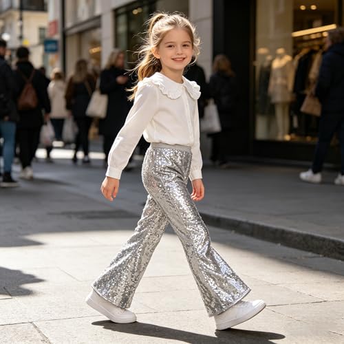 Image of LOLANTA Girls Sequin Flare Pants Sparkle Bell Bottoms Kids Elastic Waist Glitter Disco Dance Trousers(Silver,9-10Y)