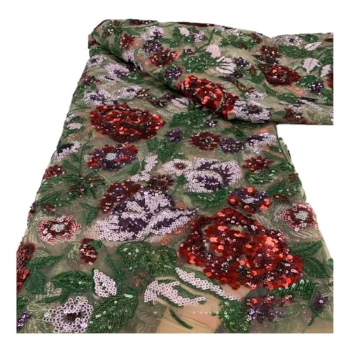 Tissu en dentelle empilée de paillettes multicolores rouge 5 yards brodée haute densité
