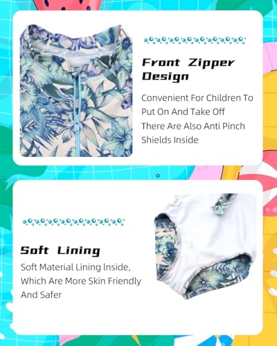 Image of Kids Girls Rash Guard Long Sleeve One Piece Swimsuits Zipper Bathing Suits UPF 50+ Tropical Plant Flowers Ages 3-12