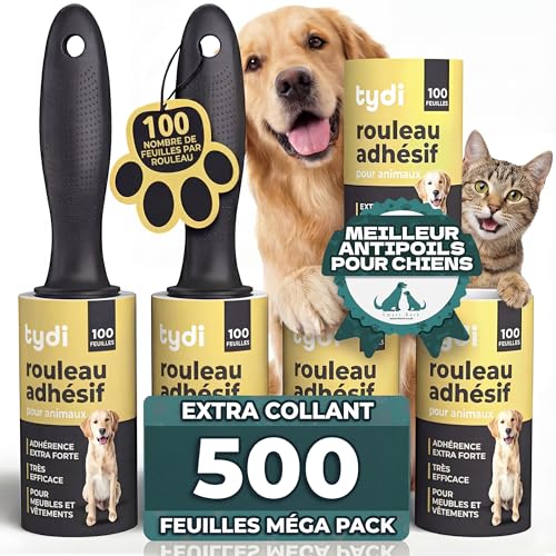Tydi Rouleau Poils Animaux Réutilisable – 500 Feuilles, Brosse Adhesive Poils Animaux avec 2 Poignées + Rouleaux Adhesifs Recharge pour Vêtements,...