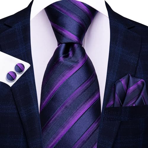 Image of Hi-Tie Silk Ties for Men Plaid Paisley Striped Necktie Pocket Square Cufflinks Set Formal Business