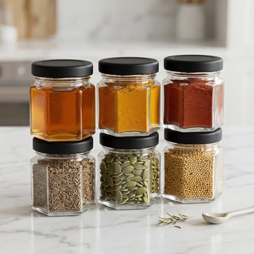 Image of Cute Hexagonal 50 grams Airtight Glass Jar Containers for Honey, Spices & other Kitchen Items with Rust Proof Black Color Caps -Set of 06