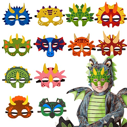 12 Pièces Masques de Dinosaure en Feutre, Dino Cosplay, Animaux Enfants, Jeu de Rôle de Fête Costumée, Anniversaire Jungle Party Garçons