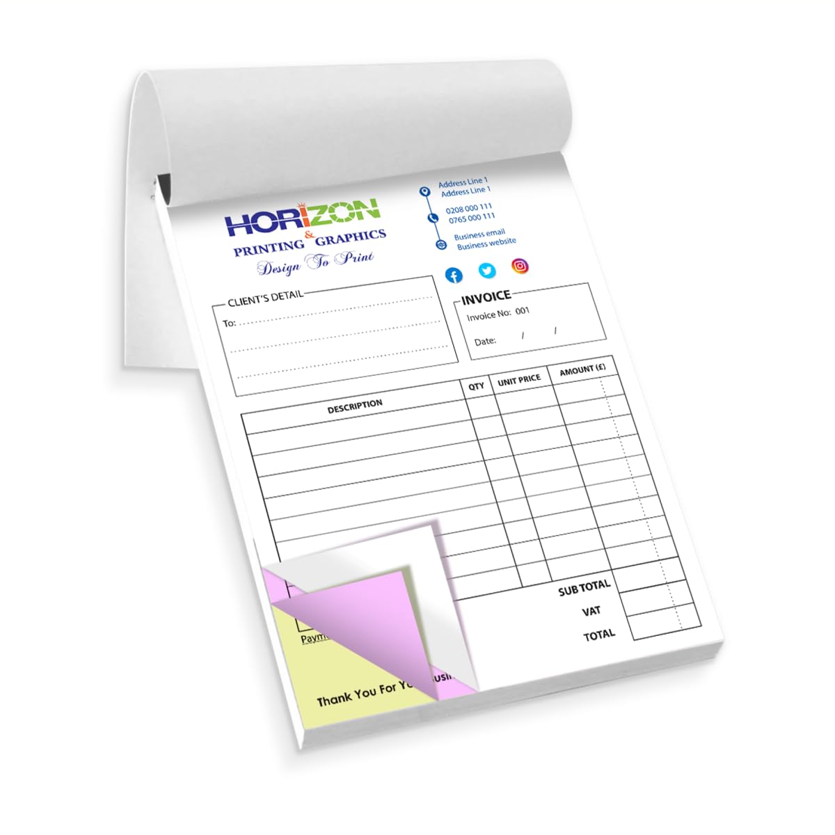Personalised A5 Triplicate Invoice Book/Bill Book/NCR Pad/Receipt Book Printing, Custom Carbonless 2-Part, 50 Sets per Book