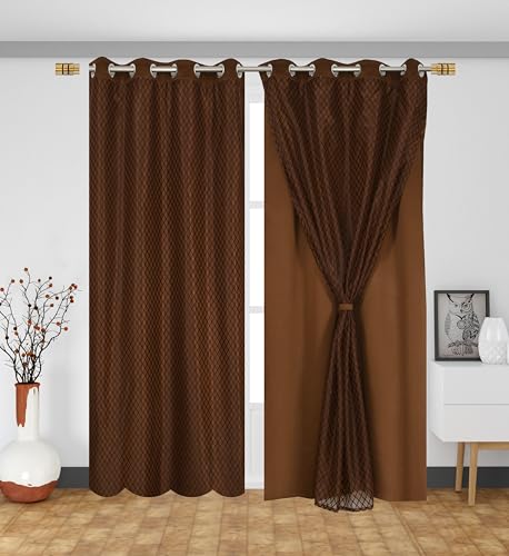 Image of IVAZA Faux Silk Hybrid Designer 100% Blackout Curtain 2-in-1|Dual-Layer Design with Decorative Mesh Overlay & Tie Ribbon|100% Light Blocking,Thermal Insulated, Long Door- 9 Feet (Pack of 2) Coffee