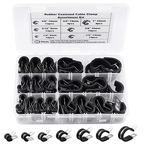 Camway 72Pcs Cable Clamps Stainless Steel,Rubber Cushioned Rubber Cable Clamps For Pipe Wire Tube Cable,Conduit Clamps,7 Sizes 1/4" 5/16" 3/8" 1/2" 5/8" 3/4"1'' Pipe Clamps Loop Clamps #TOP28