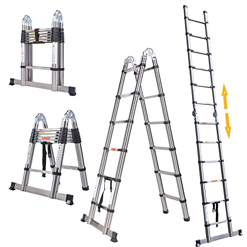 Telescopic Ladder 12.5FT(1.9m+1.9m) Multi-Purpose Industrial Ladder with EN131 Standard,Retractable Safety Loft Ladder A-Frame Folding Extendable Extension Ladder,with 150kg Max Capacity