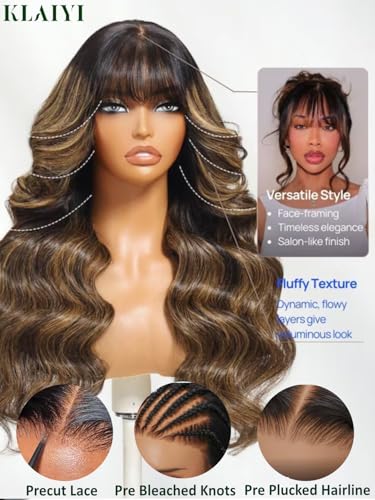 Image of KLAIYI Ombre Brown Loose Body Wave Bye Bye Knots Glueless Precut 7x5 HD Lace Front Human Hair Bang Wig Drawstring Highlight Balayage Brown Pre Plucked Bleached 30S Ready to Wear and Go Wig 180% 24Inch