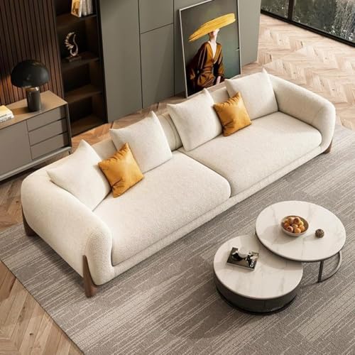 Antique Wood Hub - Modern Sofa Chesterfield Design with Stylish Wooden Legs Bouncy Teddy Fabric Off-White Finish Sofa for Living Room, Bedroom, Hallways (3 Seater)