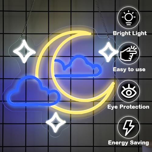 Image of Moon Star Cloud Neon Sign - Moon Star Cloud LED Light for Kids, Teens, Baby Bedroom, Game Room Wall Decor - Dimmeable Premium USB Powered Neon Night Light with On /Off Switch - 14x13-Inch